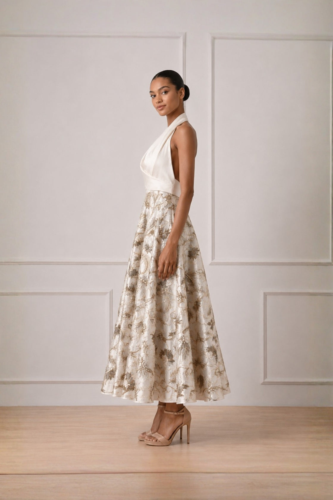 Ivory Plain Yoke With  Embroidered Flare Dress