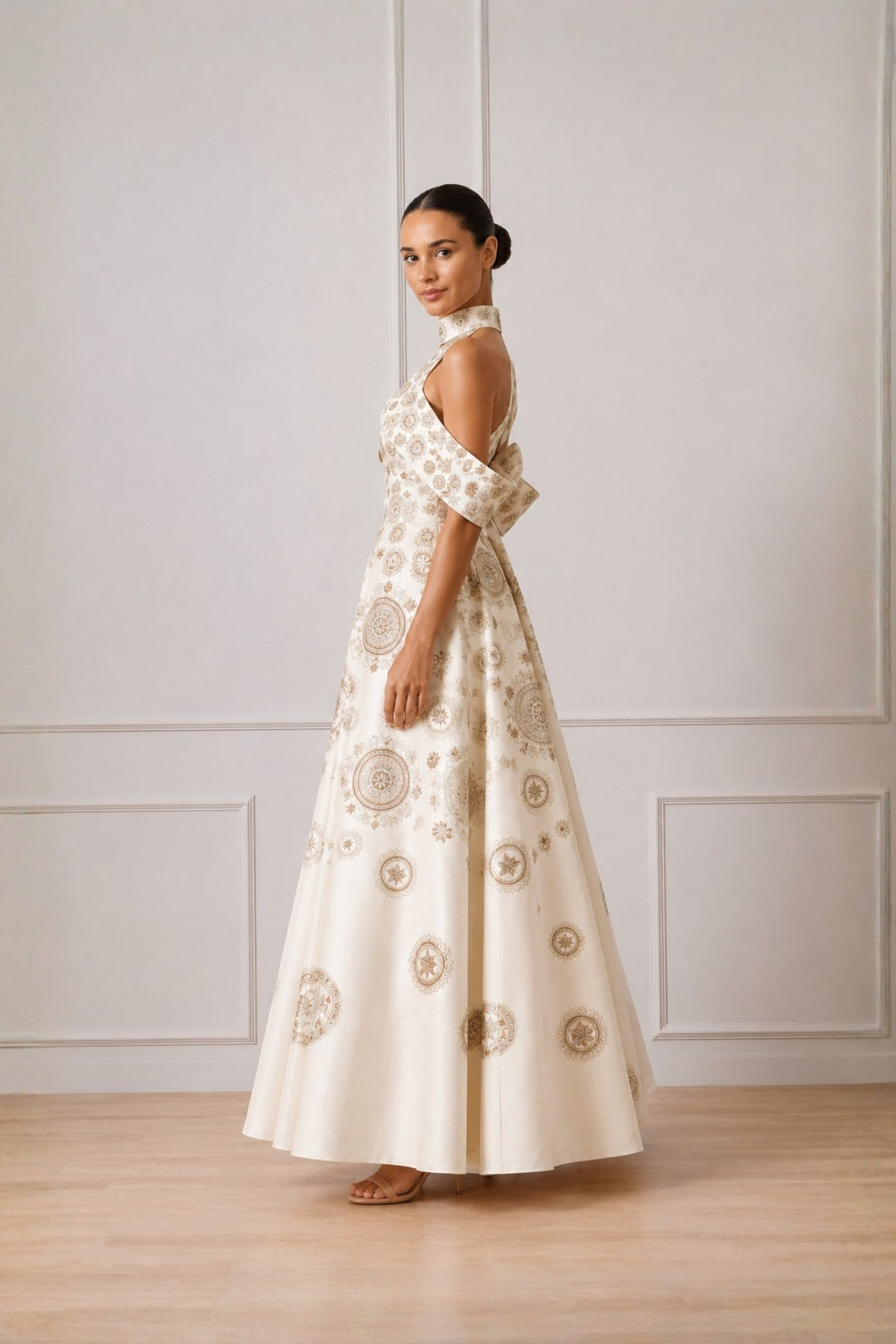 Ivory Embroidered Cold Shoulder Geometric Dress