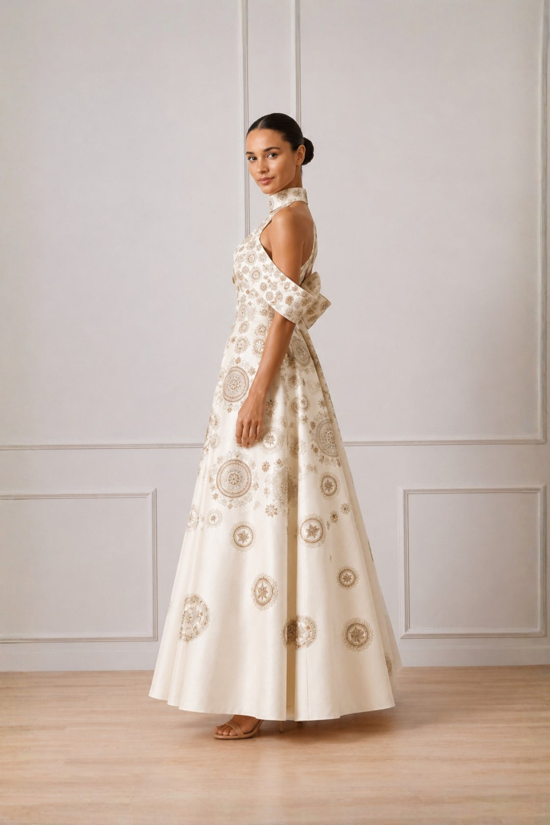 Ivory Embroidered Cold Shoulder Geometric Dress