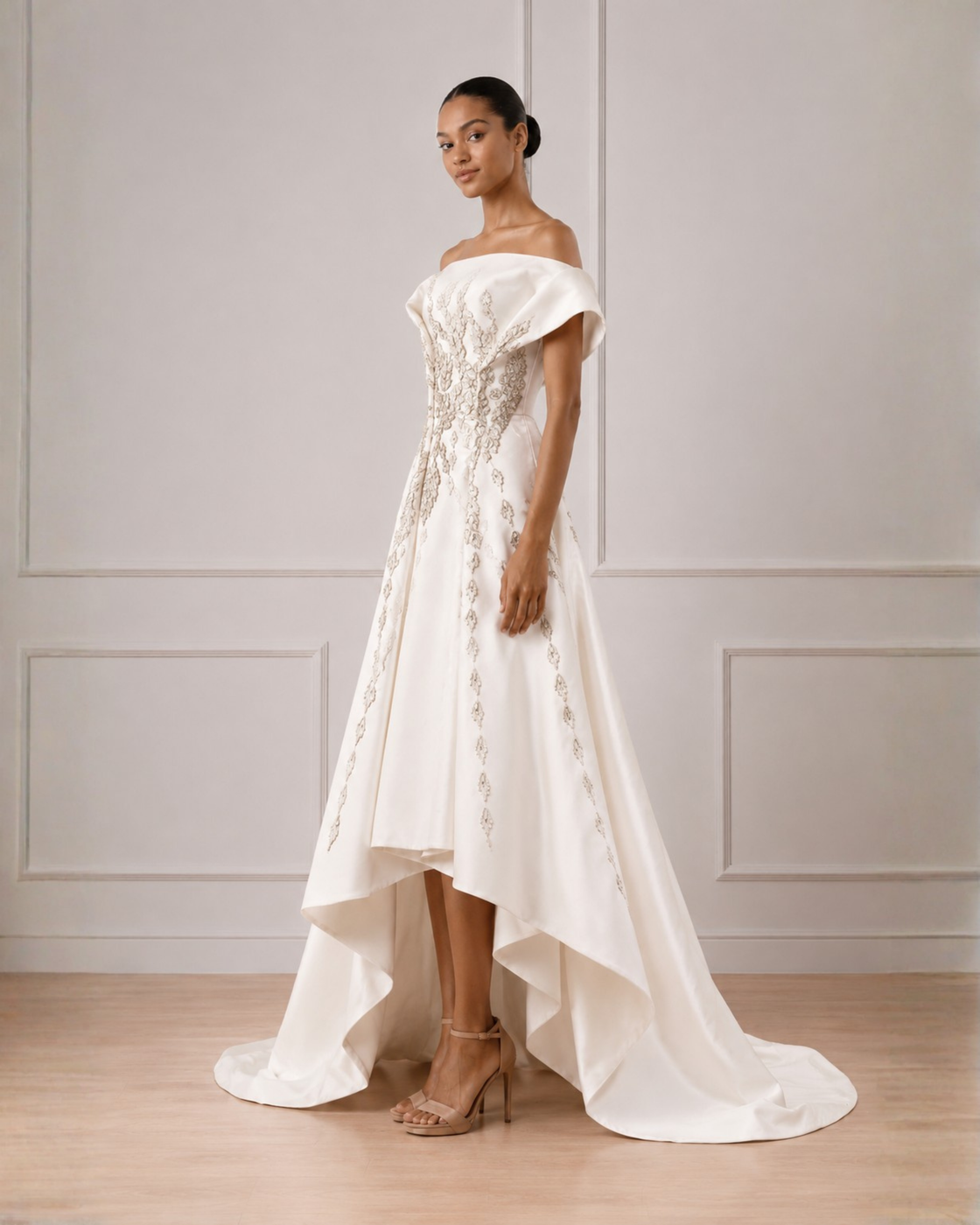 Asymmetrical hem off shoulder gown