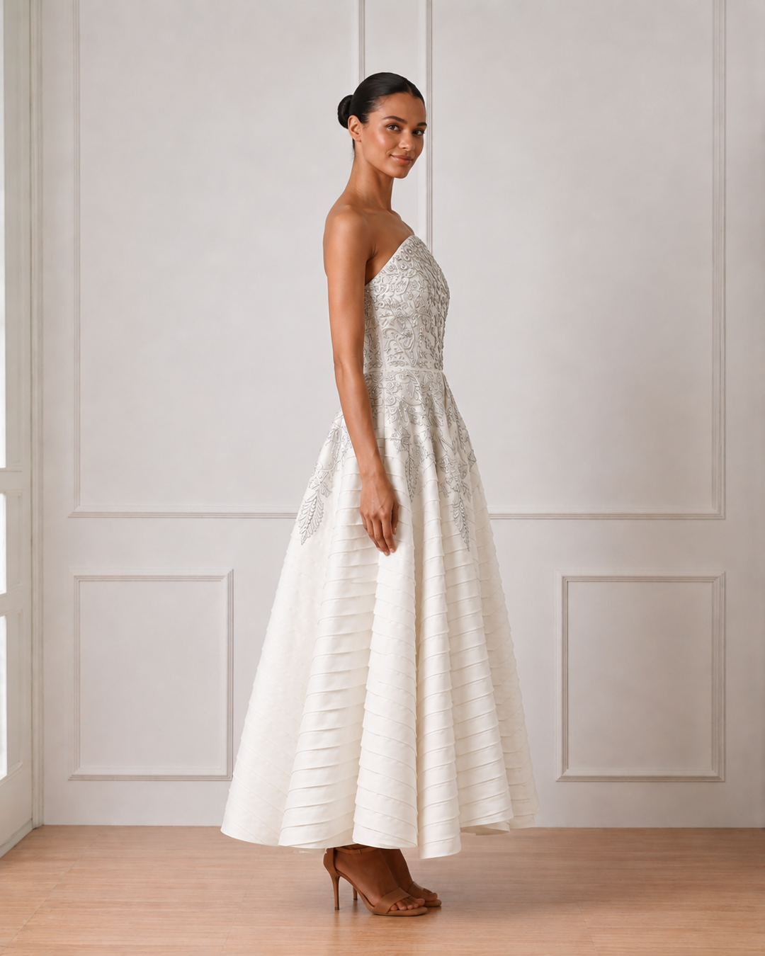 Ivory Strapless Silver Threadwork Embellished Dress With Pleats Highlight