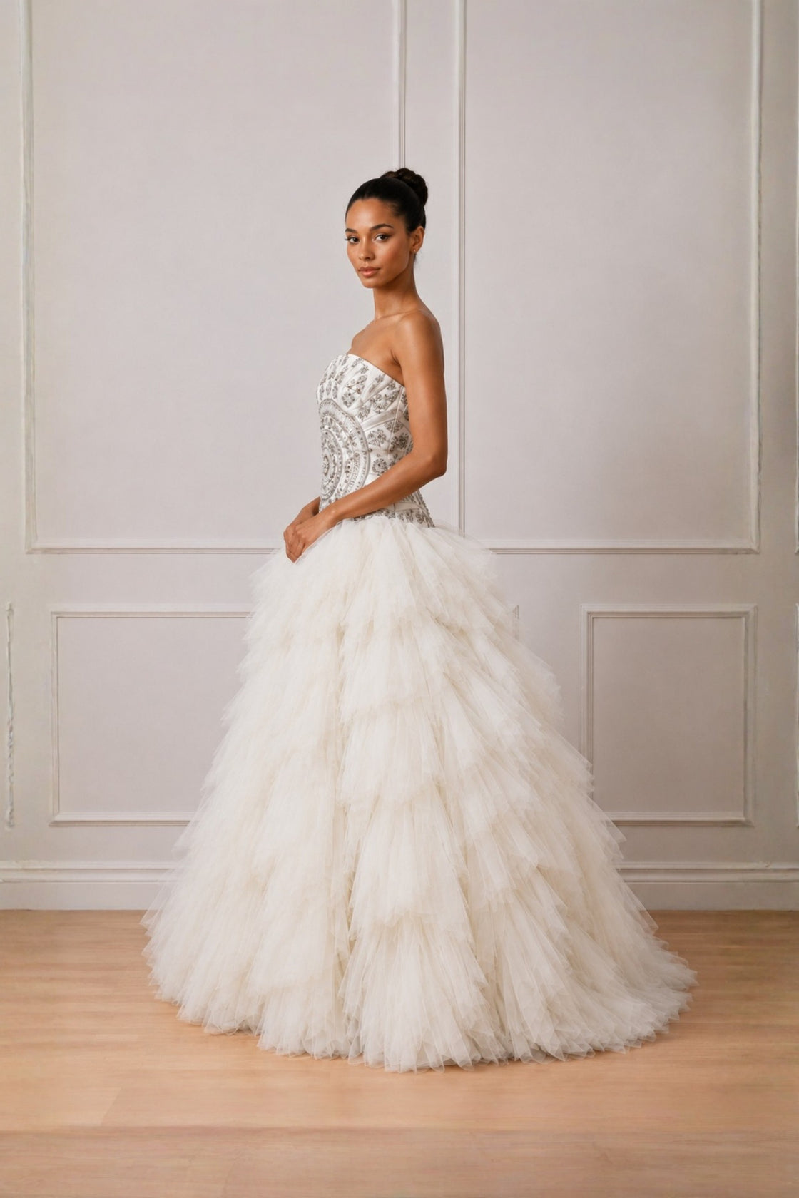 Ivory Celestial Gathered Tulle Ball Gown