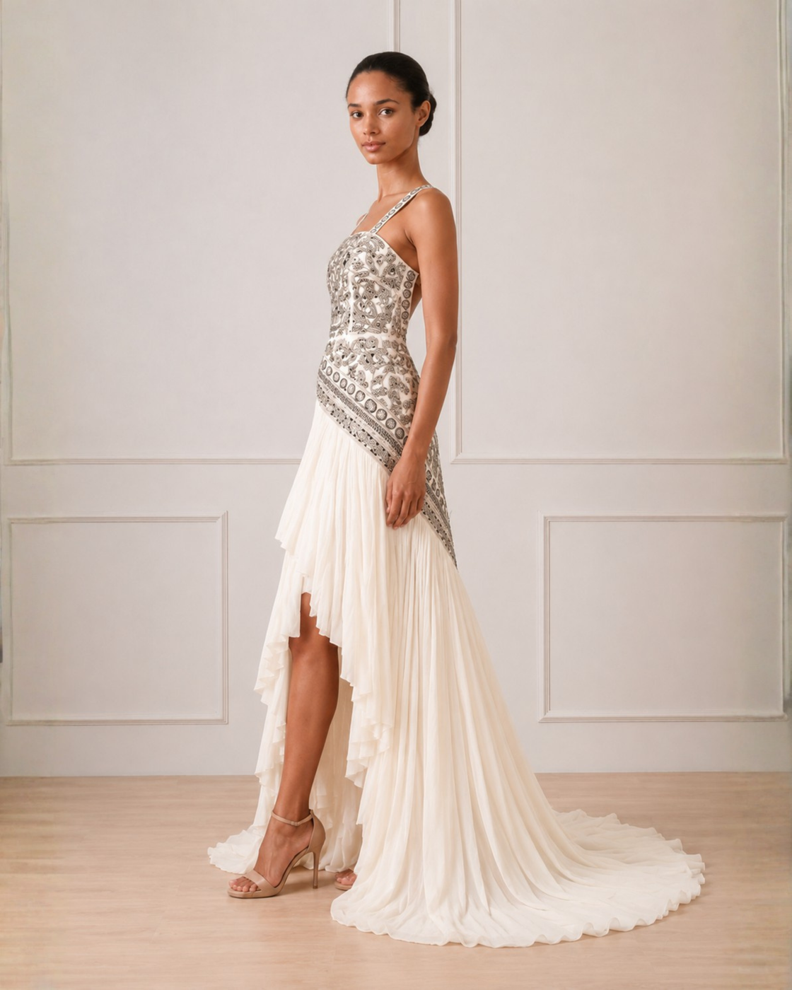 Asymmetrical high-low embroidered gown