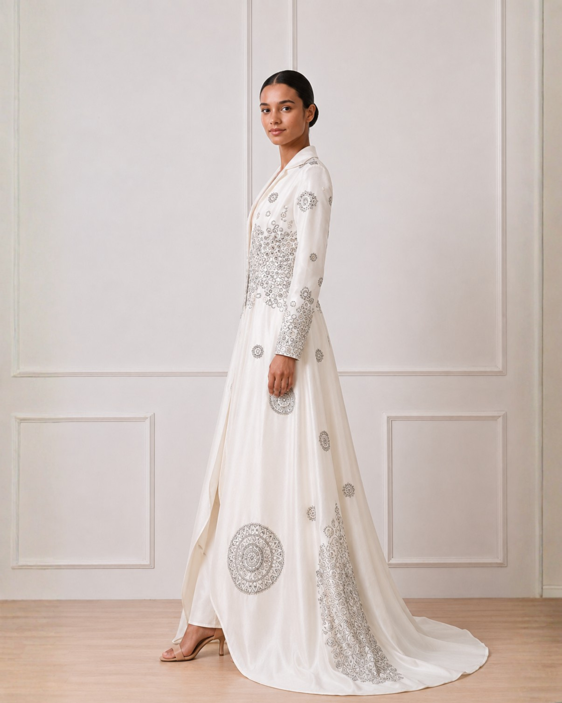 A cotton silk collared jacket with a plunging neckline.