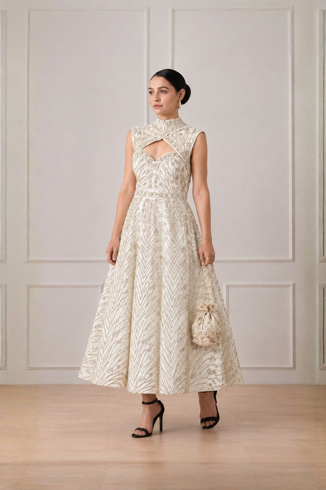 Ivory Metallic  Embroidered A-Line  Dress