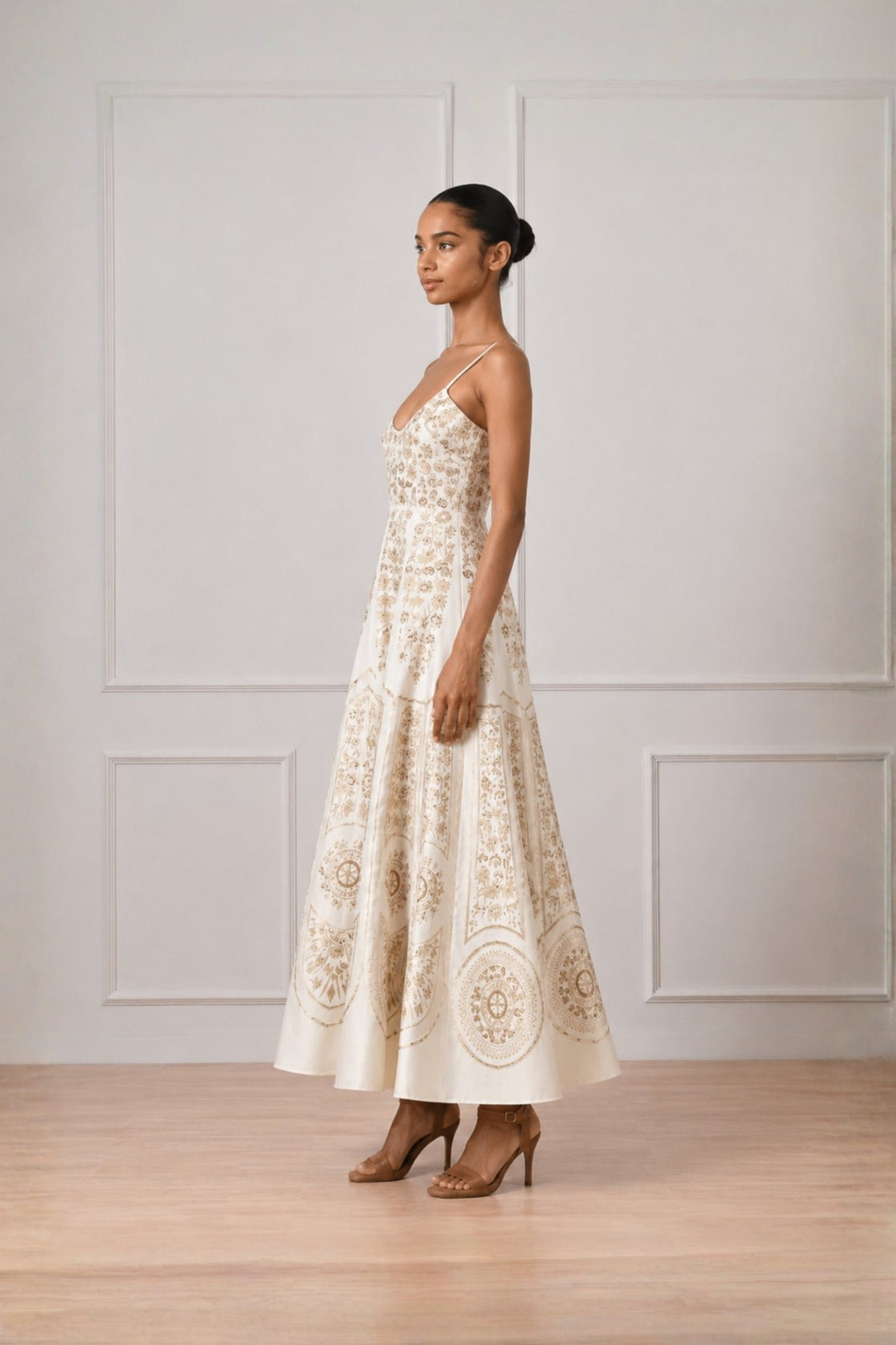Ivory Gold Threadwork Embroidered Deep Neck Midi-Dress