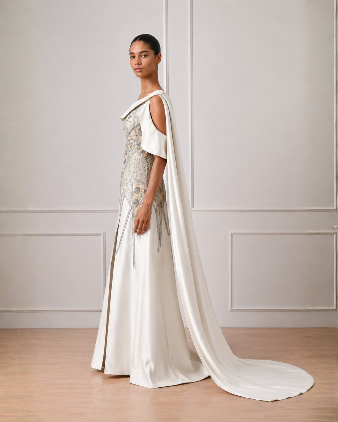 Ruffle gown with cape