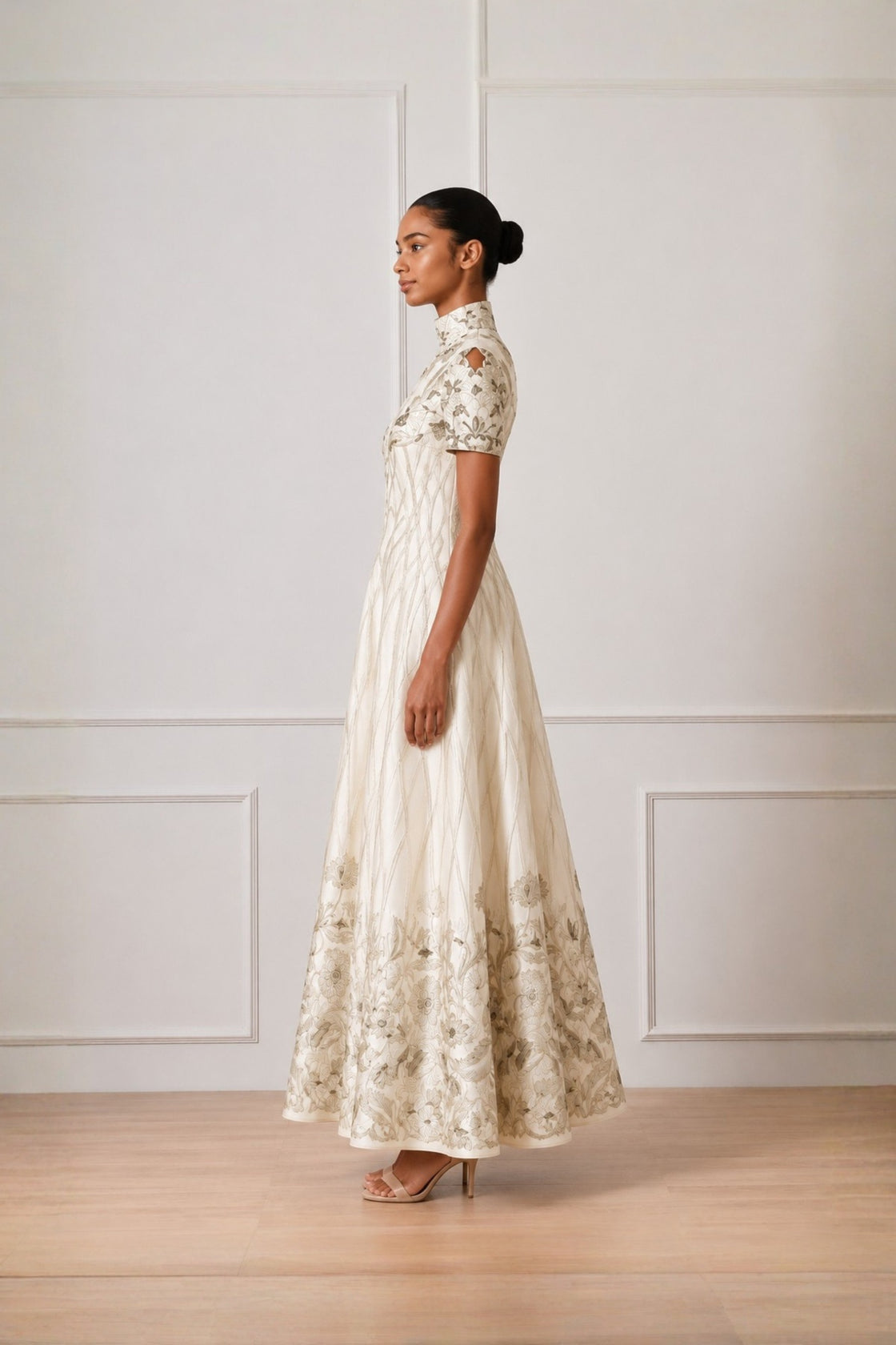Ivory High Neck  Contrasting Silver Embroidered Dress
