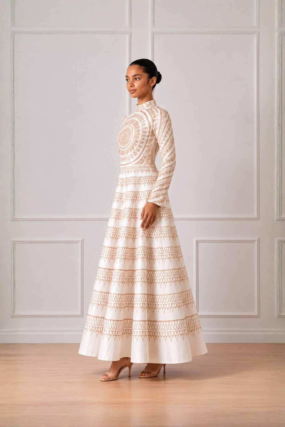 Ivory High Neck Silver Threadwork  Embroidered Dress