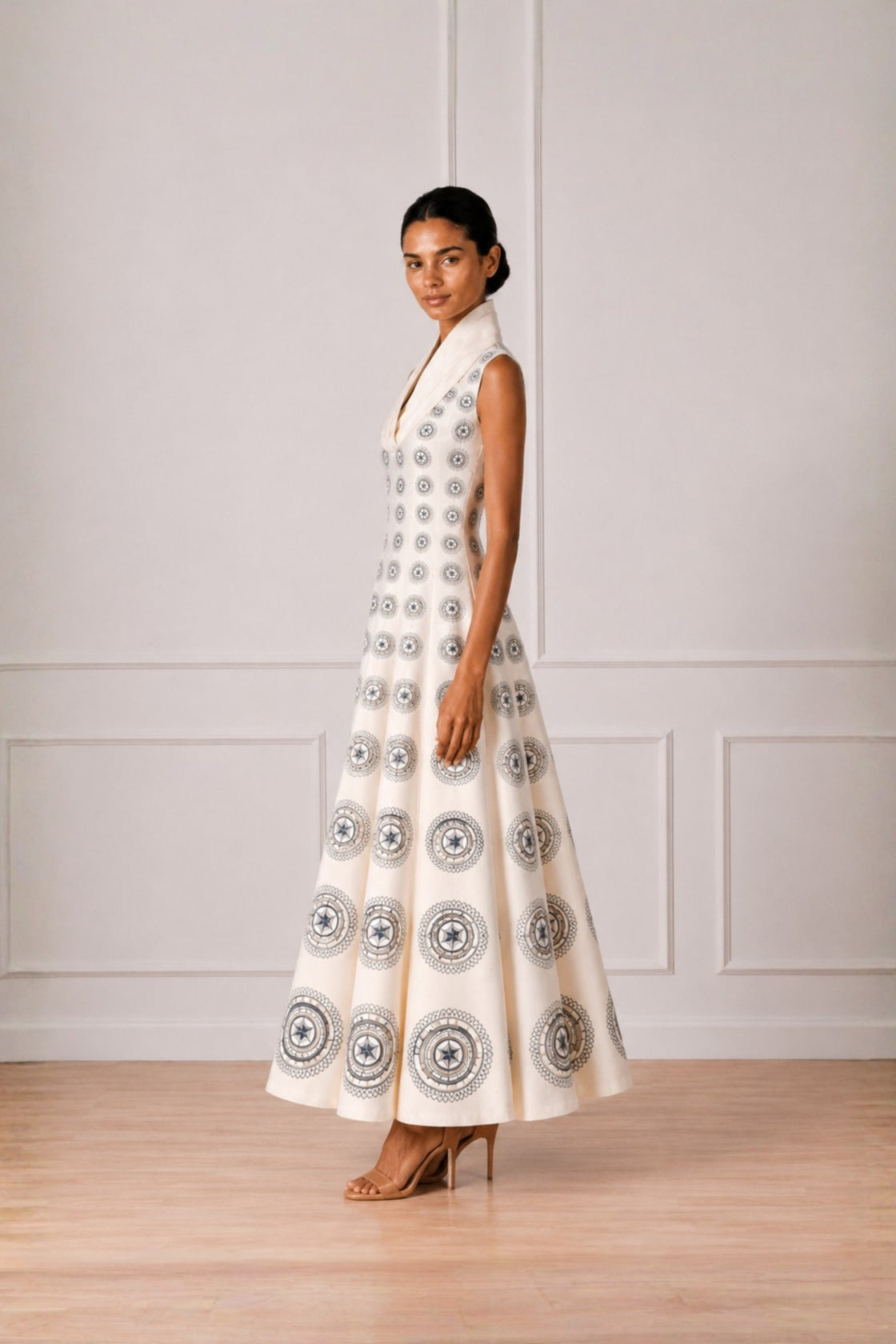 Ivory Cowl Neck Pleated Maxi Dress With Motif Embroidery Highlight