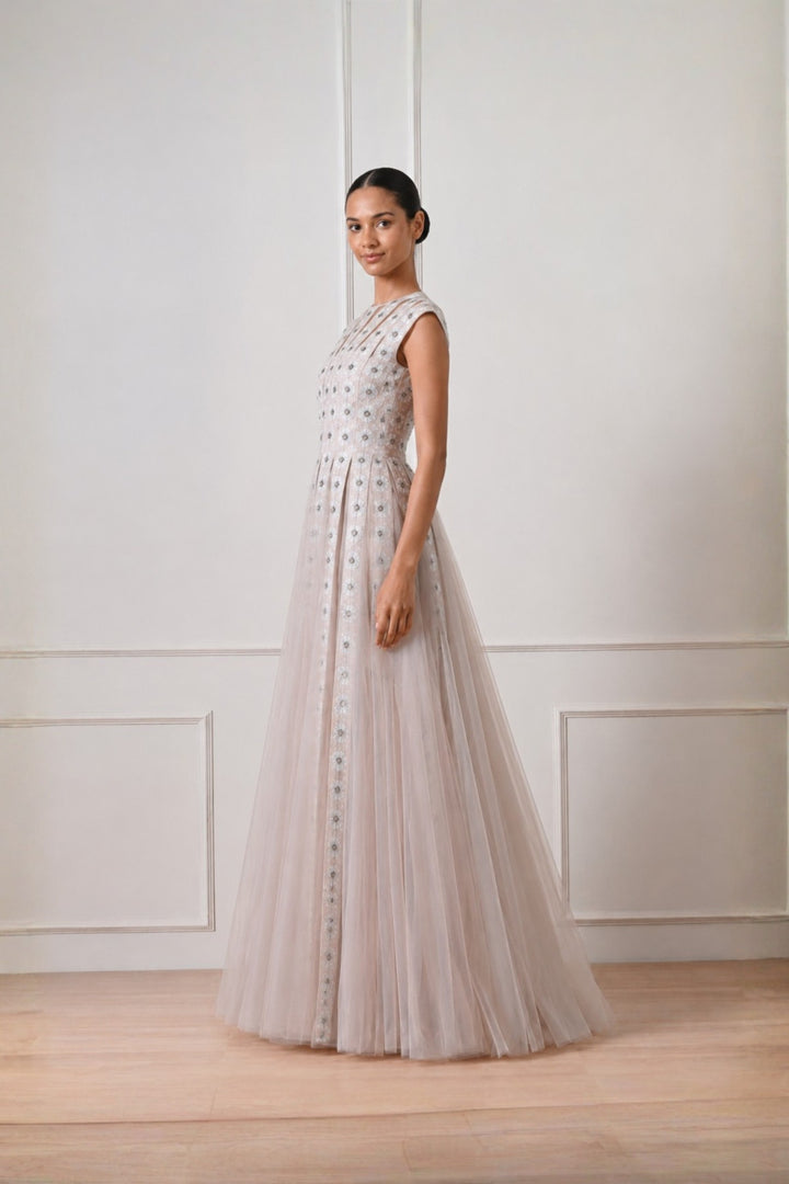 Pink Grey Threadwork Embroidered Dress With Tulle Flare