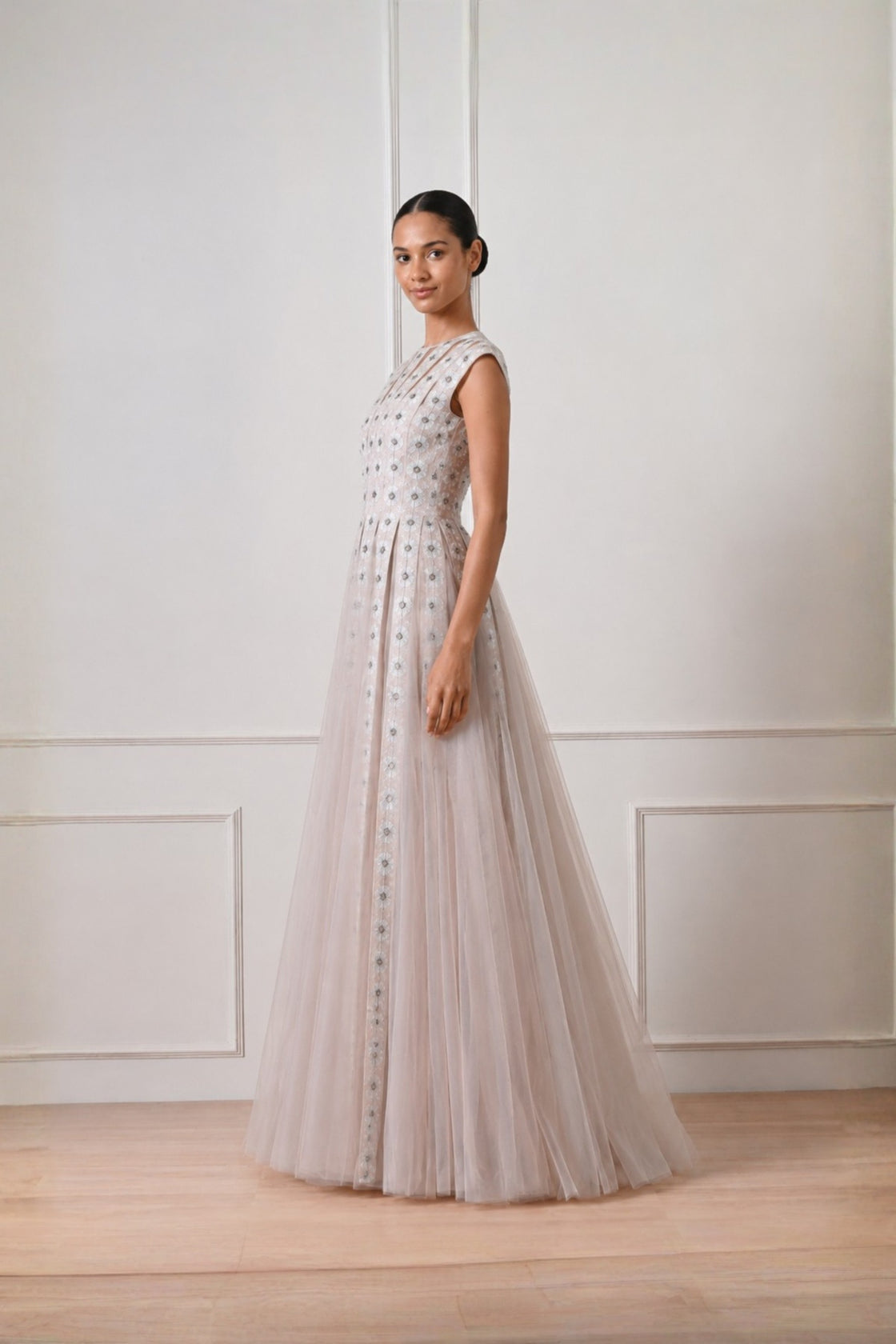 Pink Grey Threadwork Embroidered Dress With Tulle Flare
