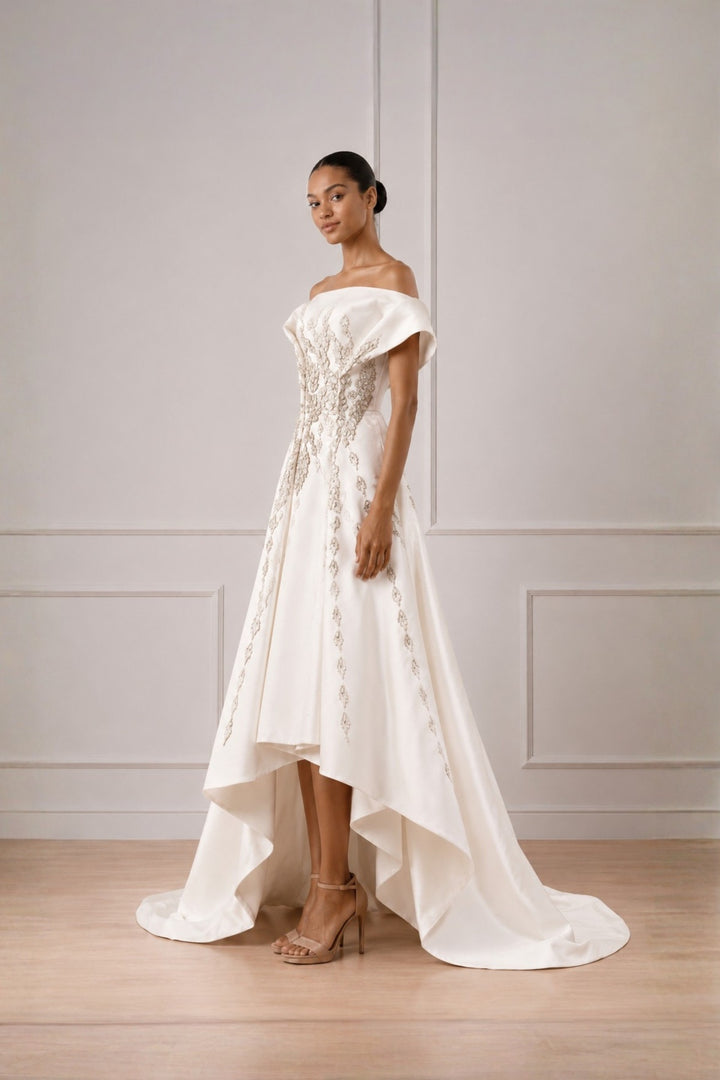 Ivory Silver Threadwork Highlight Off Shoulder Cascade Gown With Back Trail