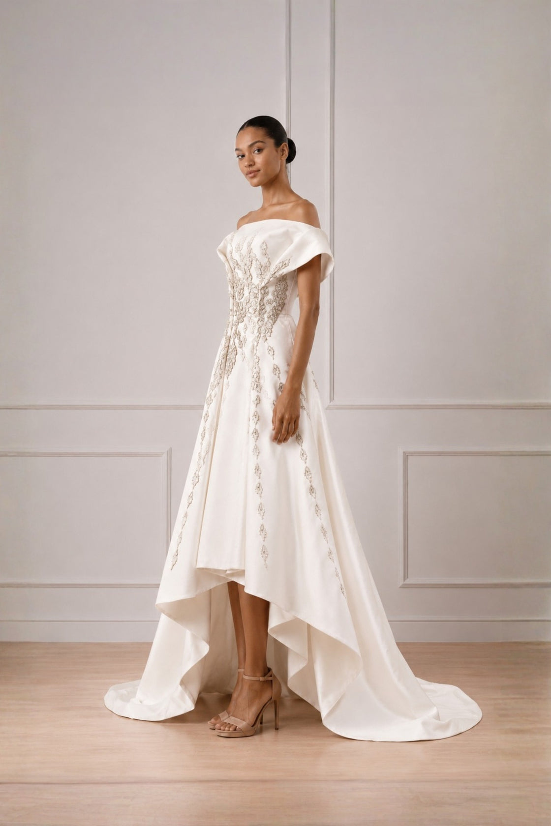 Ivory Silver Threadwork Highlight Off Shoulder Cascade Gown With Back Trail