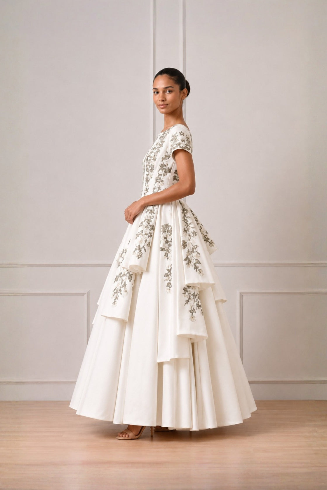 Ivory Threadwork Flared High Low Panel Highlight  Gown