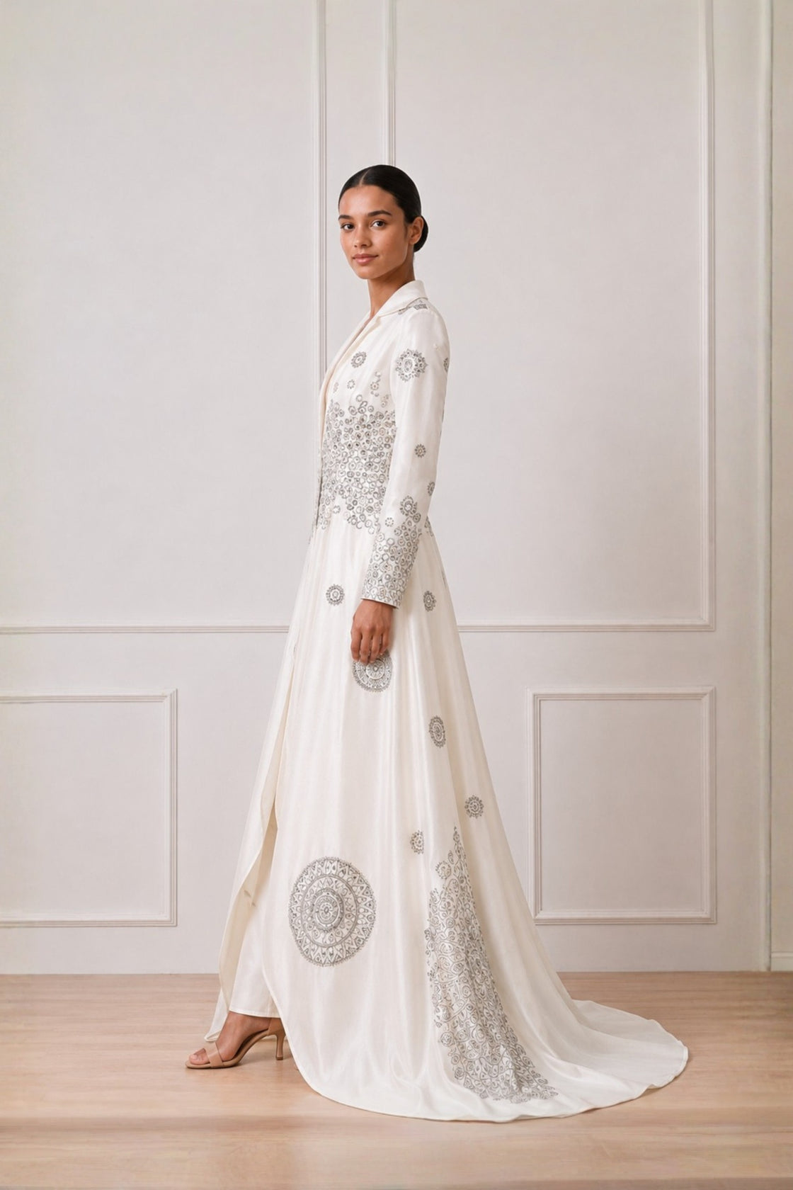 Ivory Mandala Inspired Embroidered Statement Overlay Jacket Dress