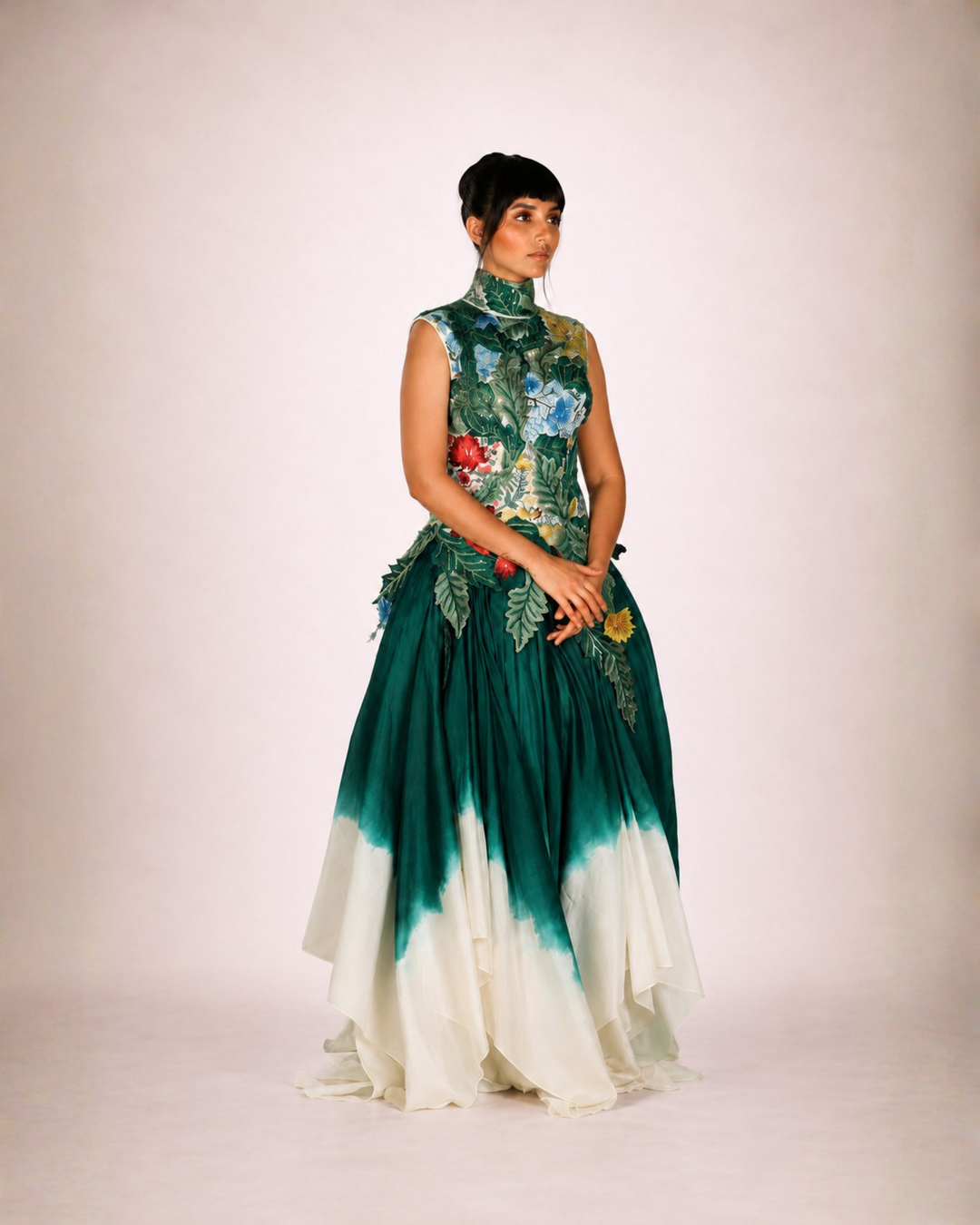 Cotton-Silk Ombre Gown In Ivory And Green