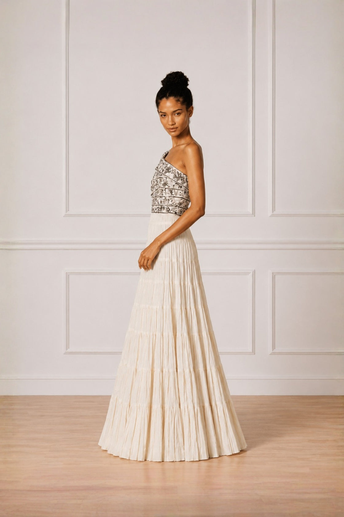 Ivory Silver Embroidered One-Side Shoulder Dress With Tier Dress