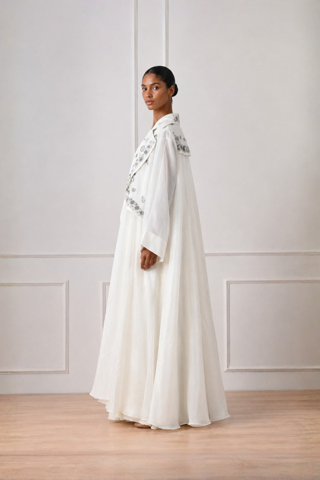 Ivory Embroidered Overlay Jacket With Plain Dress