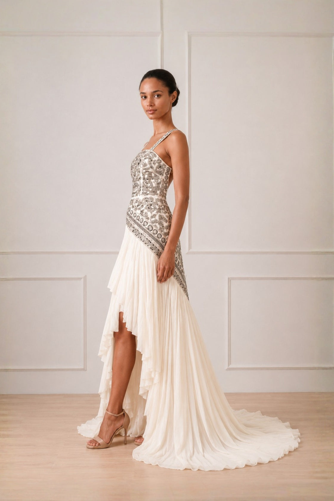 Ivory Asymmetric High Low Gather Dress With Silver Threadwork Highlight In Bodice