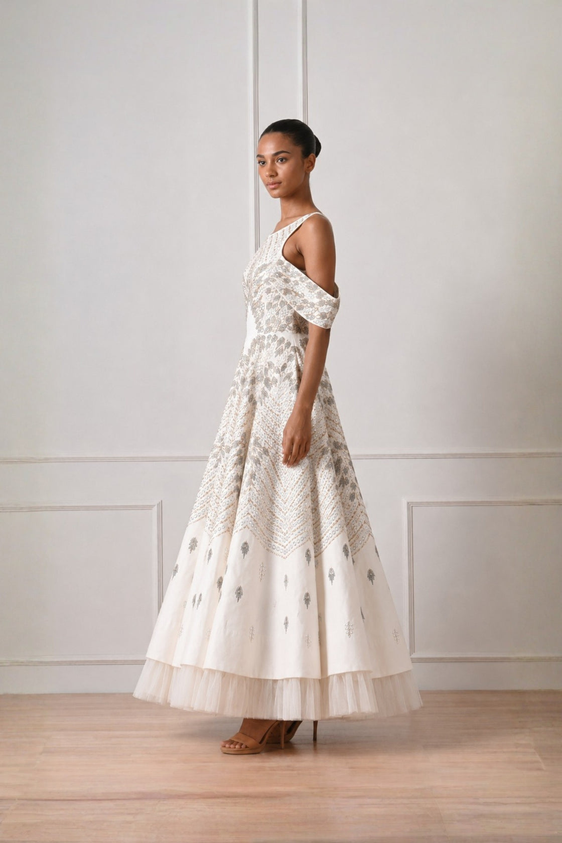 Ivory Crystal Embellished Layered Drop Shoulder Dress