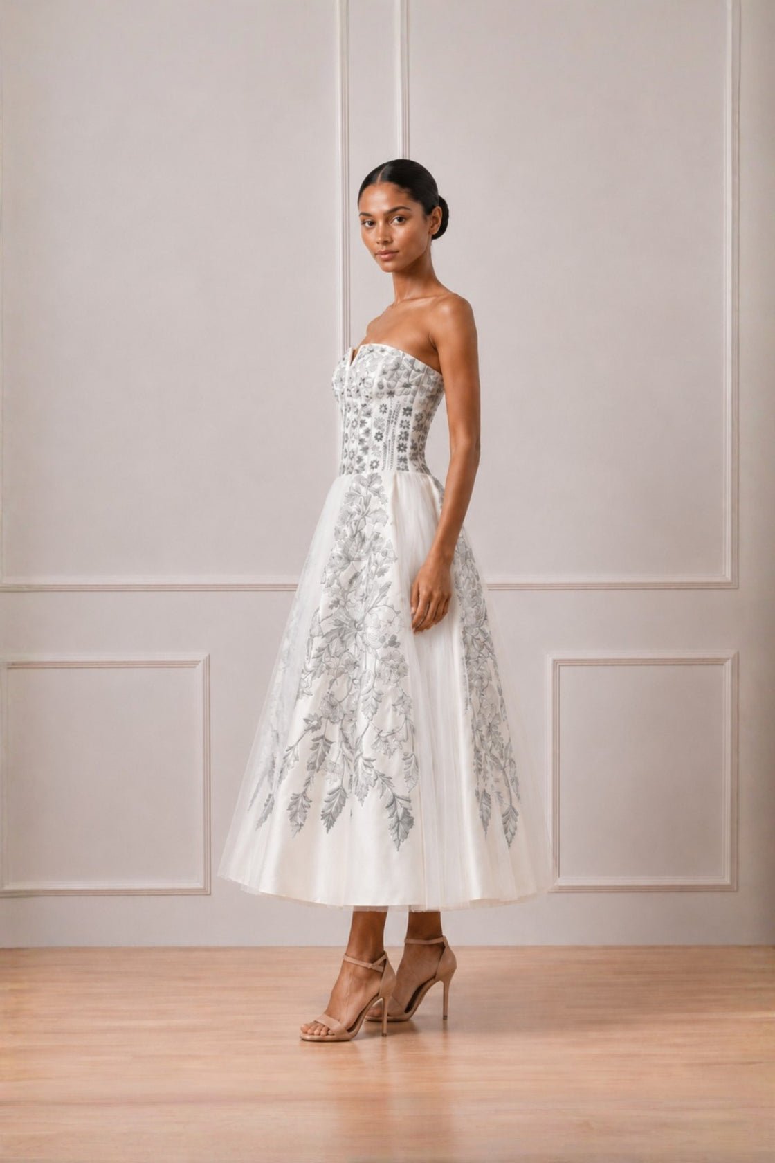 Pearl Ivory Contrasting Silver Botanical Embroidered Off Shoulder Dress