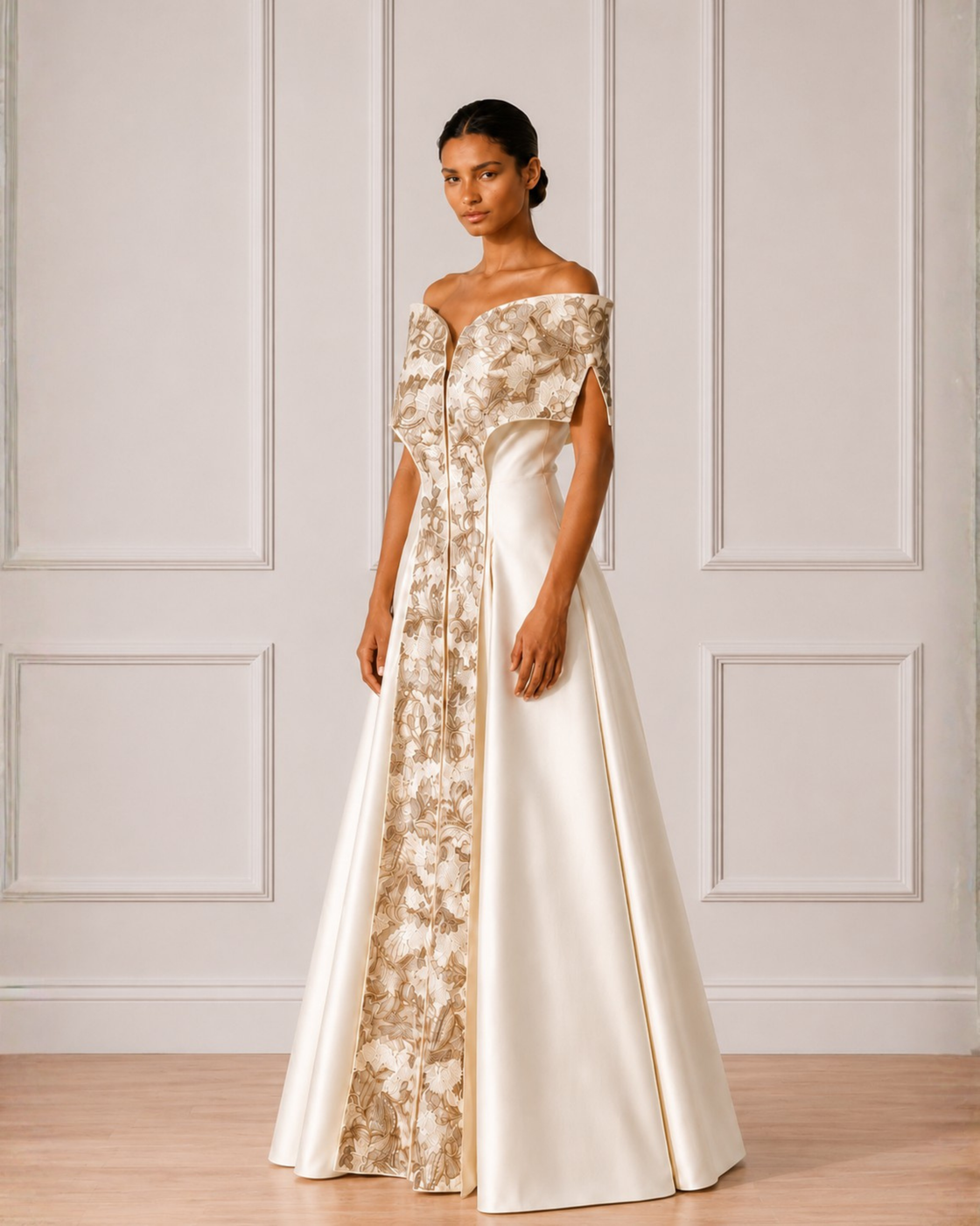 Off shoulder peplum gown