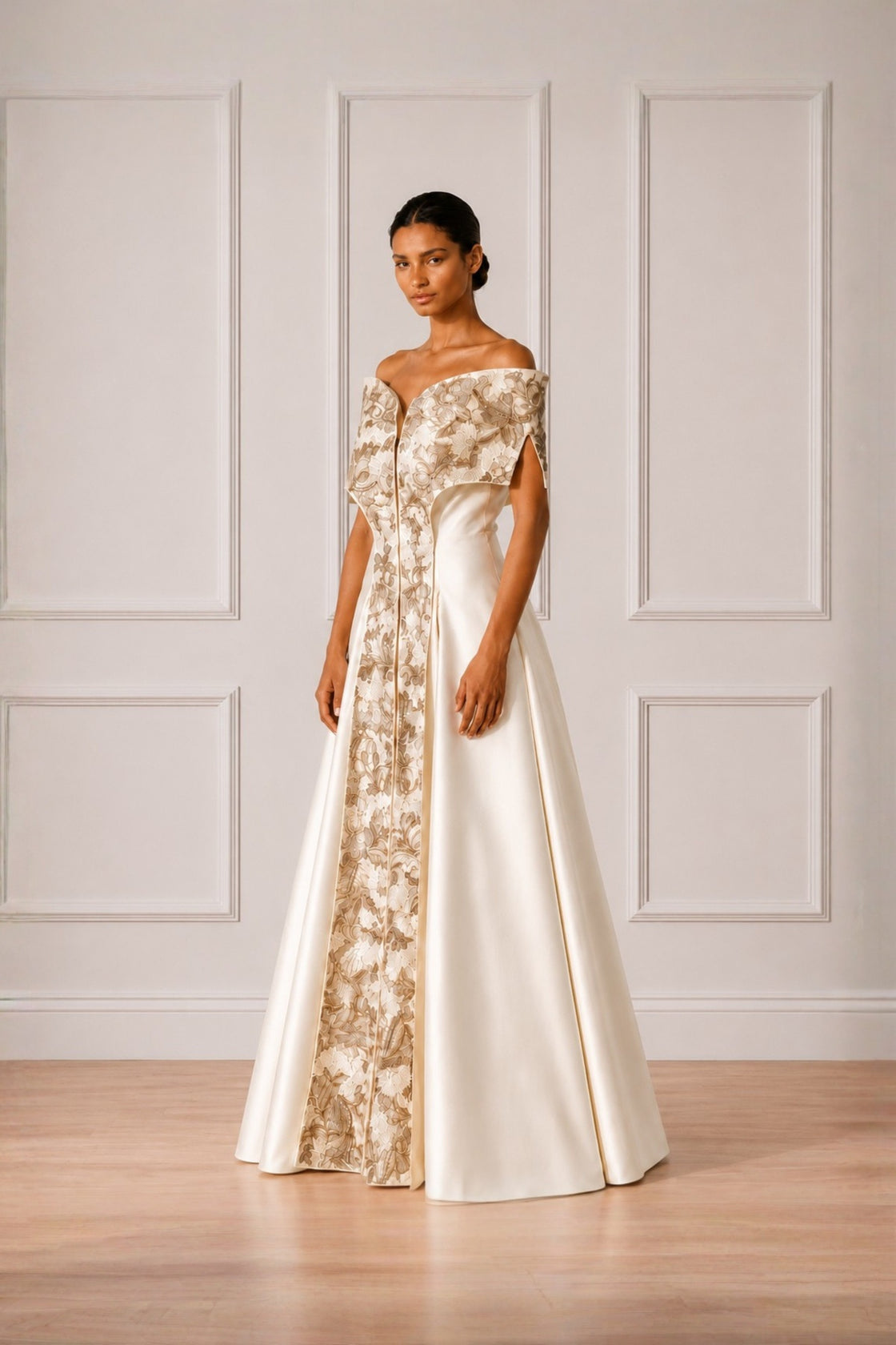 Ivory Off Shoulder Front Open Embroidered Panelled Gown