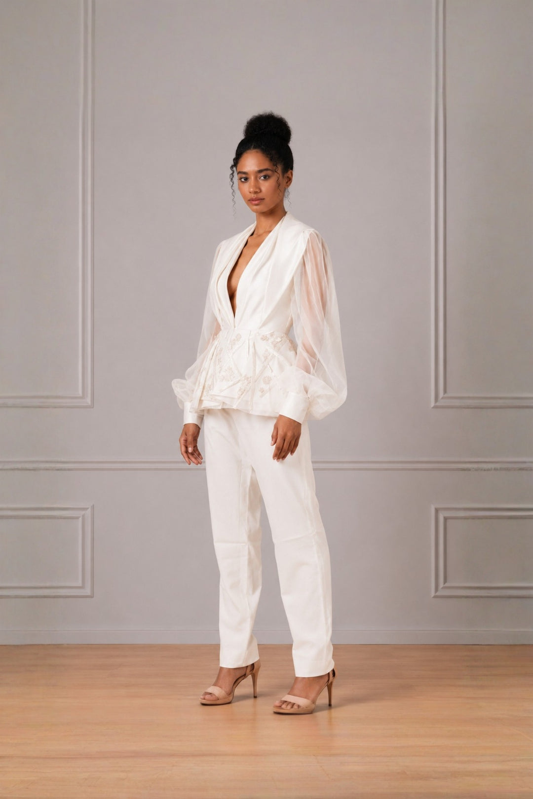 Ivory Puff Sleeve Peplum Top With Straight Pant Set