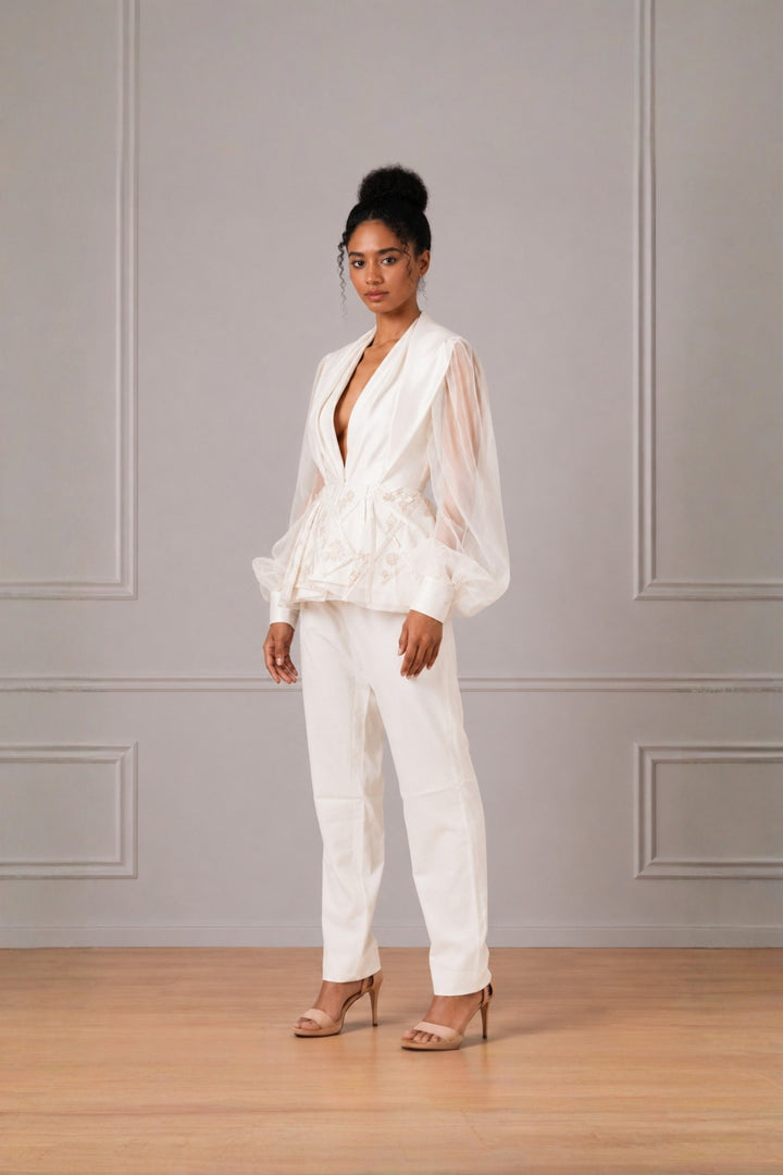 Ivory Puff Sleeve Peplum Top With Straight Pant Set