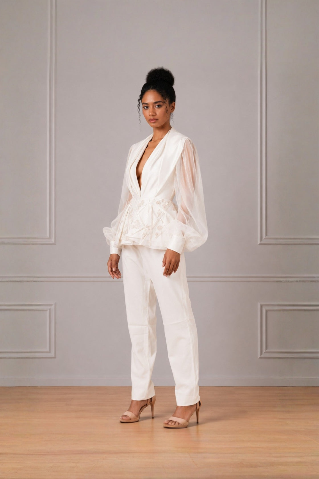 Ivory Puff Sleeve Peplum Top With Straight Pant Set