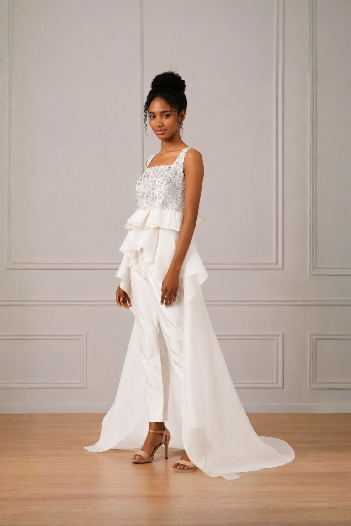 Ivory Silver Embroidered Peplum Top With Pleat Highlight And Trail Attached & Straight Pant Set