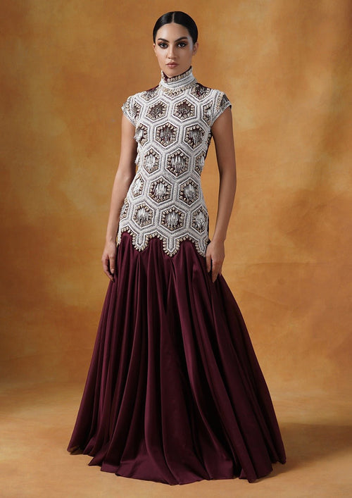 Spectacular, hand embroidered wine coloured high neck silk gown - samantchauhan Apparel & Accessories