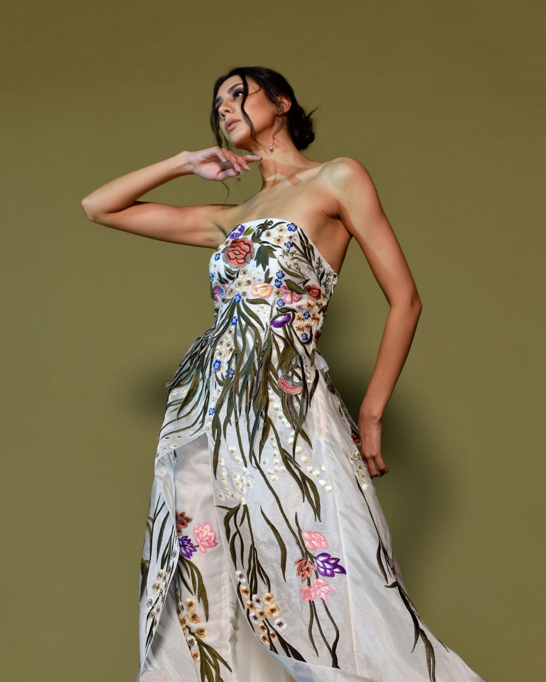 Strapless Embroidered Gown with Overlap Pants.