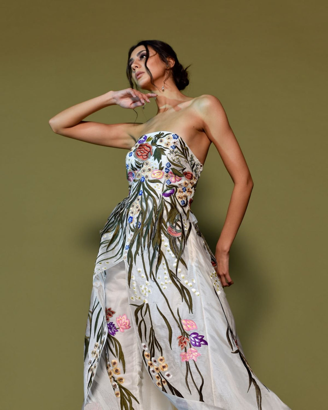 Strapless Embroidered Gown with Overlap Pants.