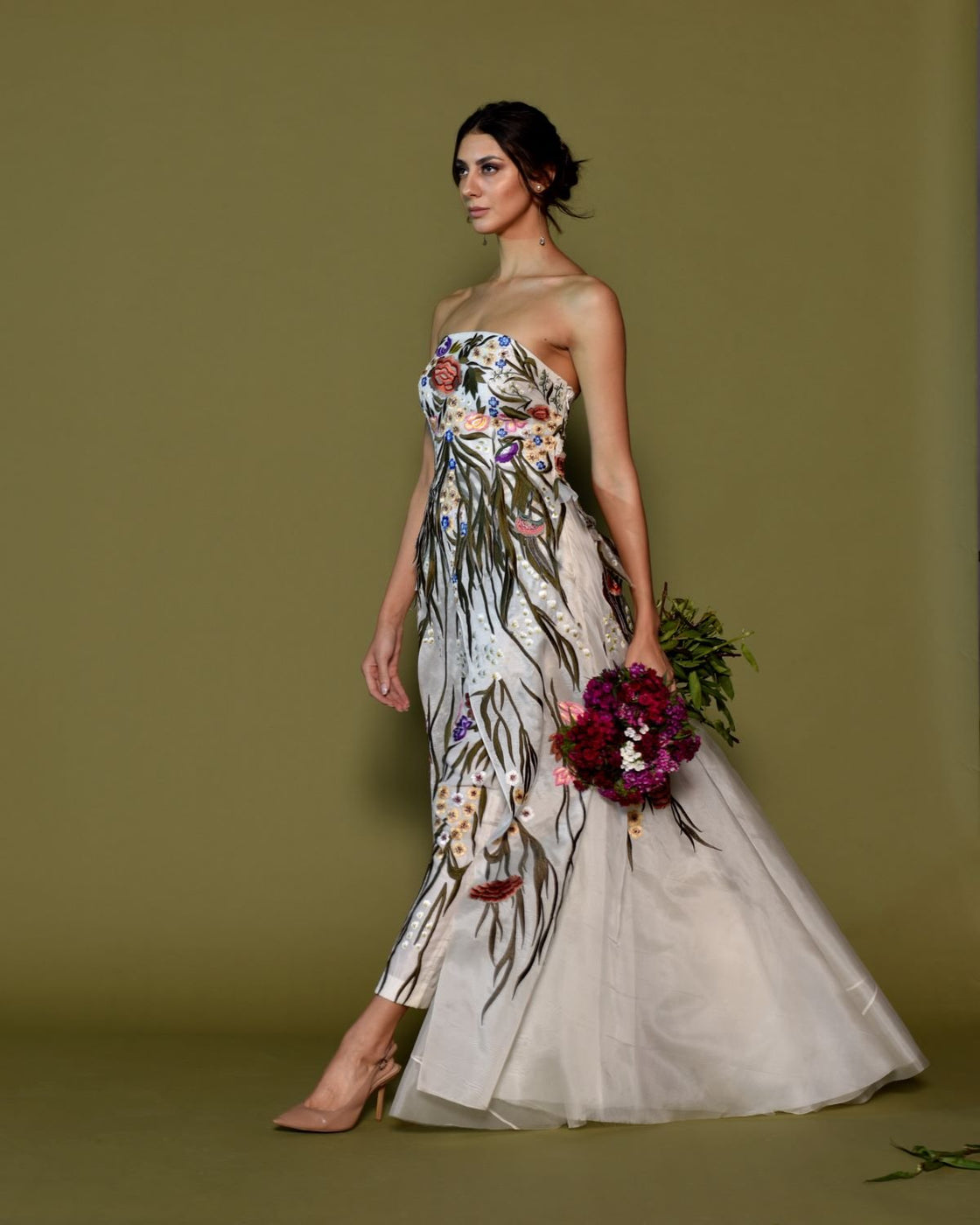Strapless Embroidered Gown with Overlap Pants.