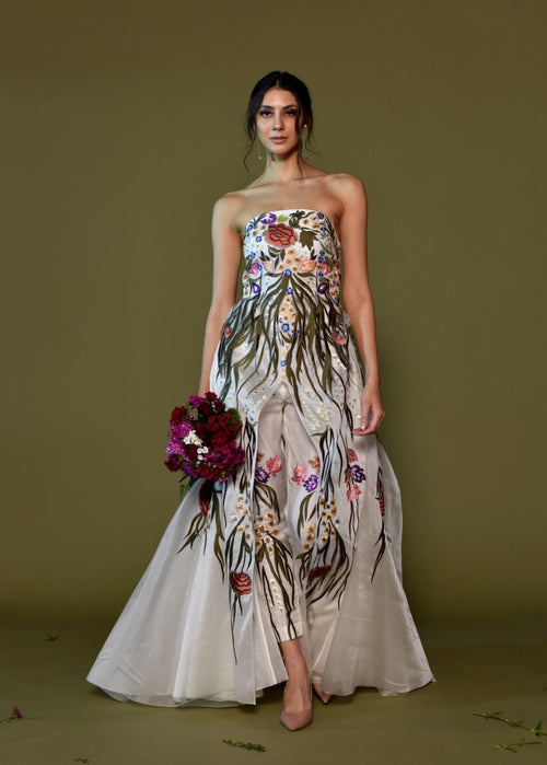 Strapless Embroidered Gown with Overlap Pants.