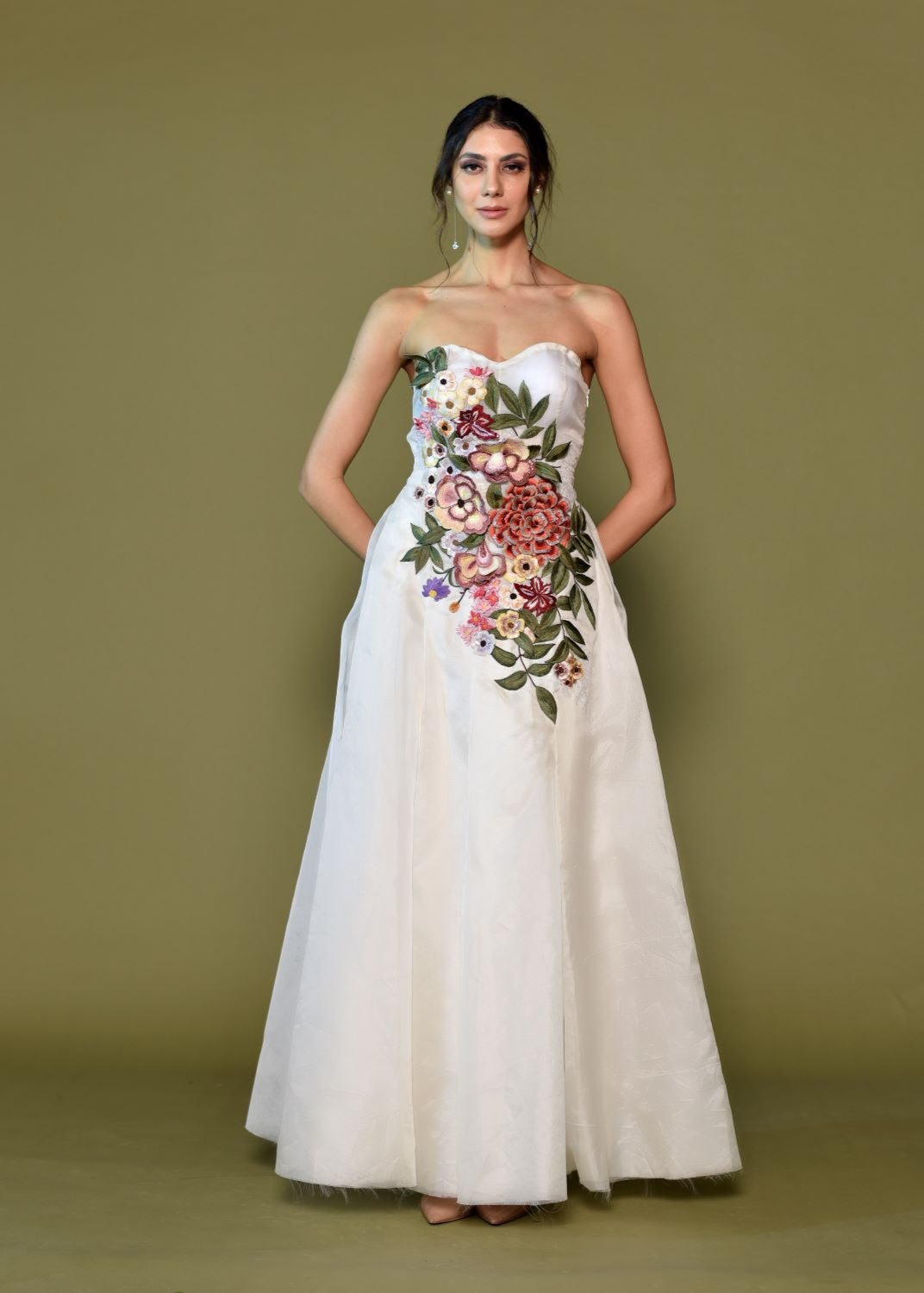 Strapless Ivory Gown with Side Floral Embroidery.