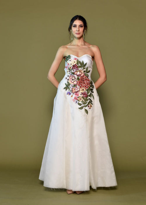 Strapless Ivory Gown with Side Floral Embroidery.