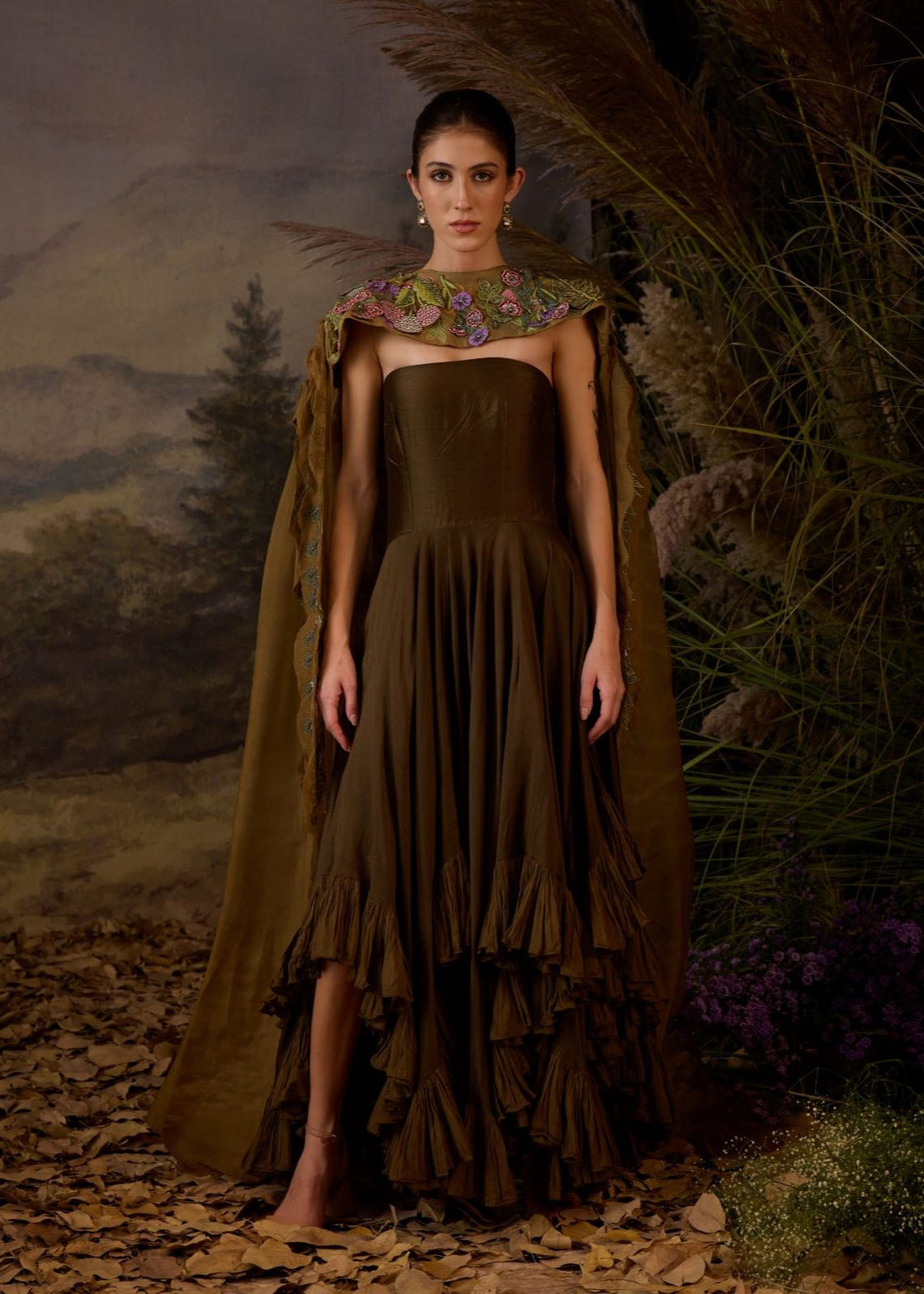 Strapless Ruffled Gown with Embroidered Cape - samantchauhan Apparel & Accessories