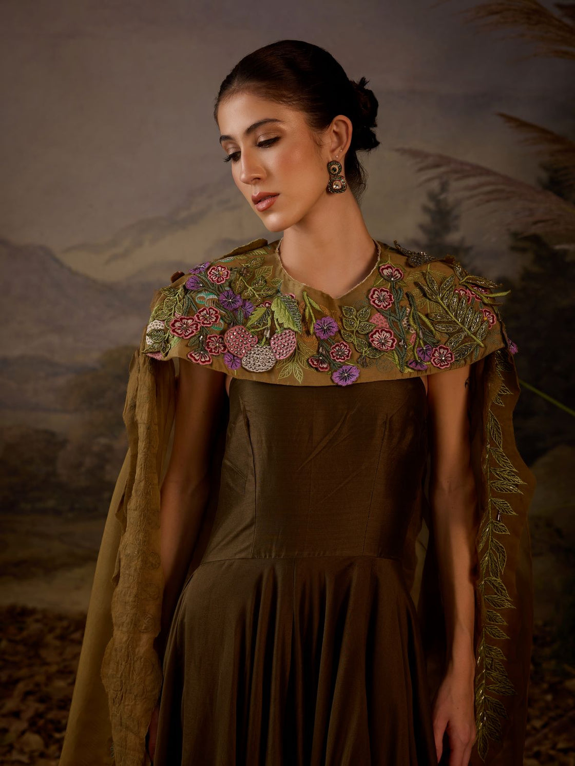 Strapless Ruffled Gown with Embroidered Cape - samantchauhan Apparel & Accessories