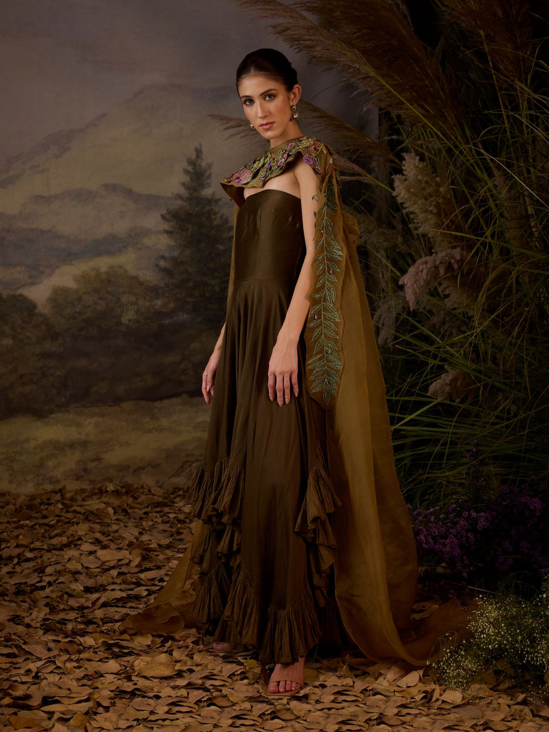 Strapless Ruffled Gown with Embroidered Cape - samantchauhan Apparel & Accessories