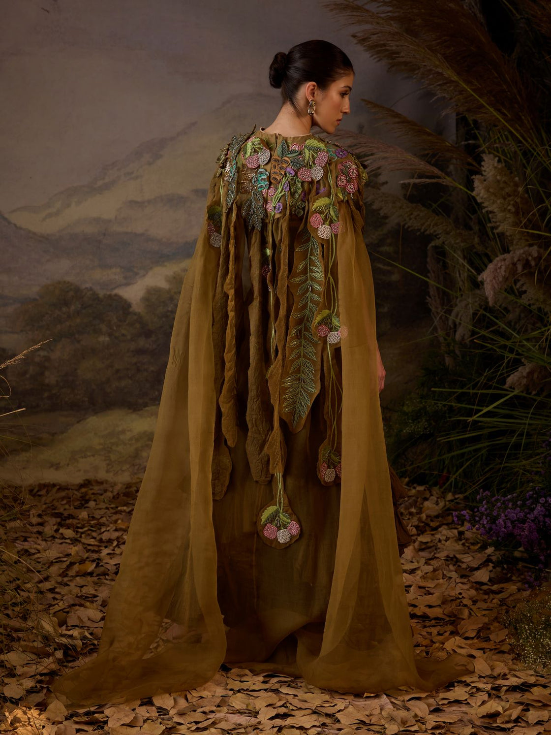 Strapless Ruffled Gown with Embroidered Cape - samantchauhan Apparel & Accessories