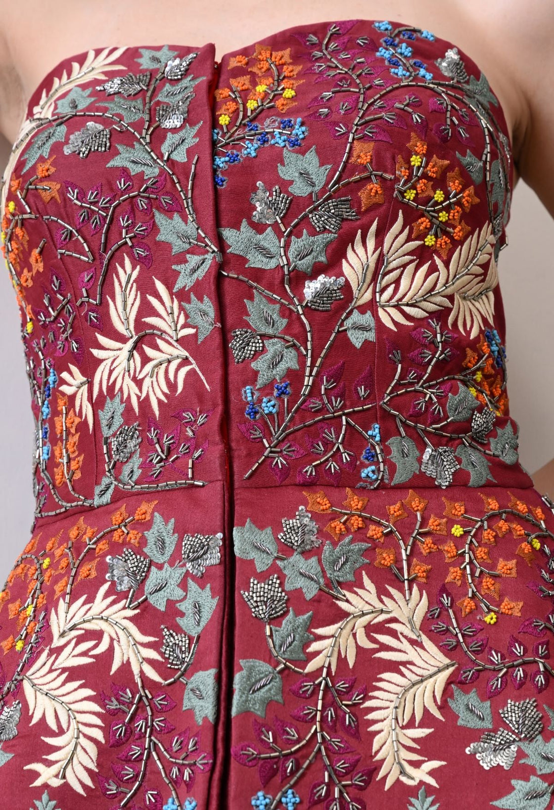 Stunning maroon strapless top with all - over floral embroidery - samantchauhan Apparel & Accessories