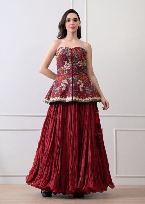 Stunning maroon strapless top with all - over floral embroidery - samantchauhan Apparel & Accessories