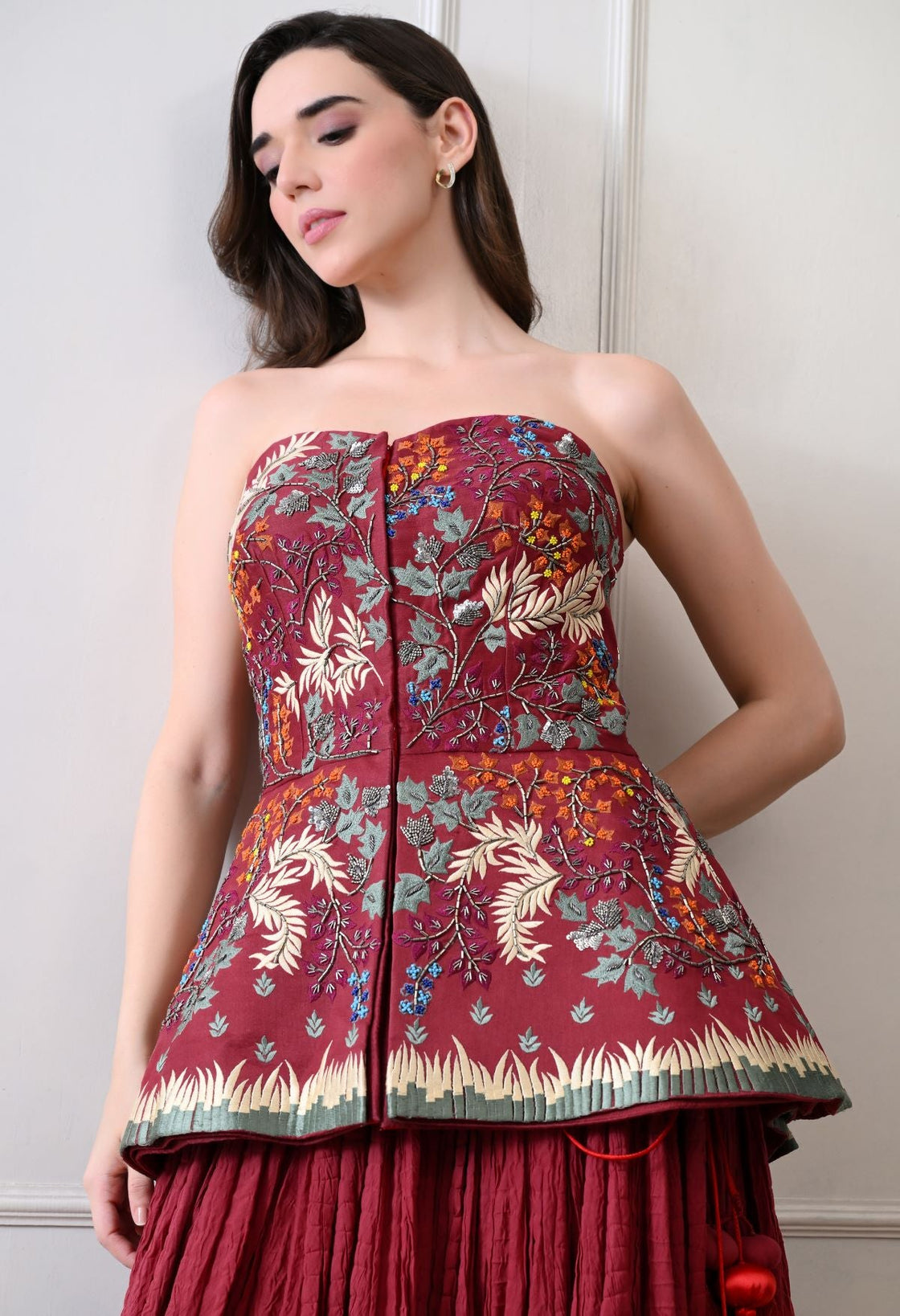 Stunning maroon strapless top with all - over floral embroidery - samantchauhan Apparel & Accessories