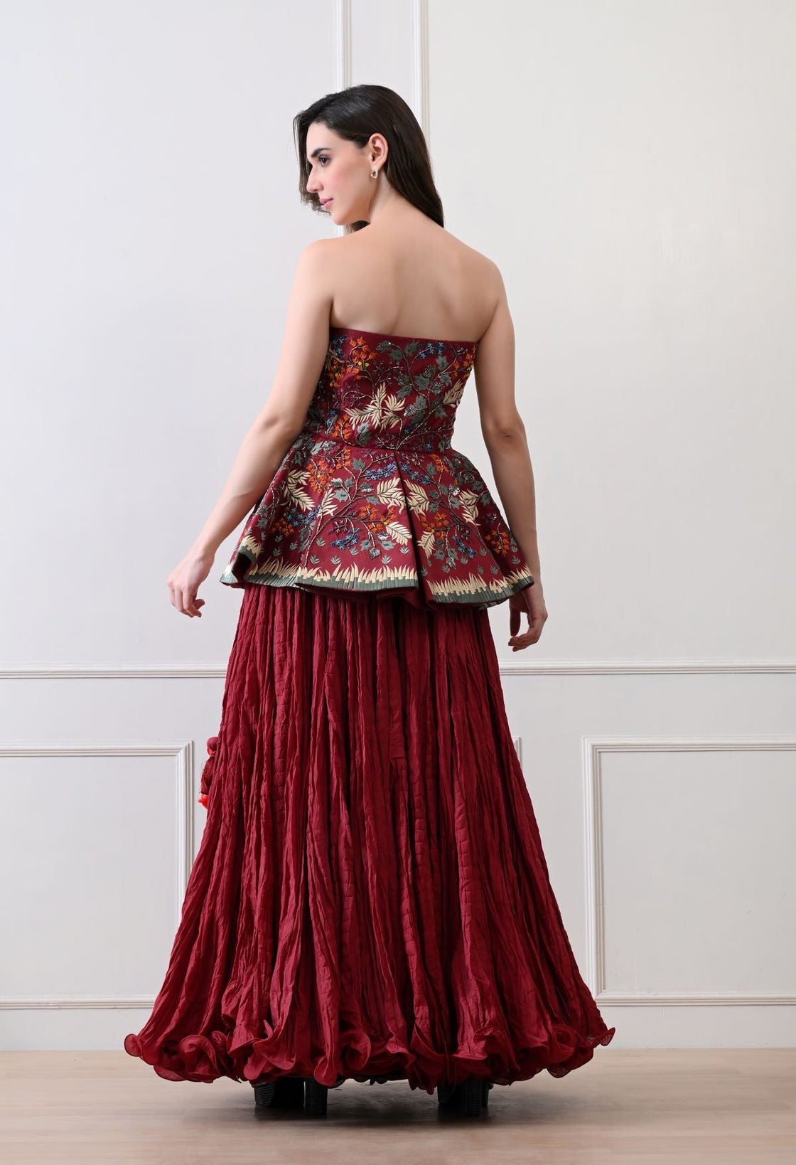 Stunning maroon strapless top with all - over floral embroidery - samantchauhan Apparel & Accessories