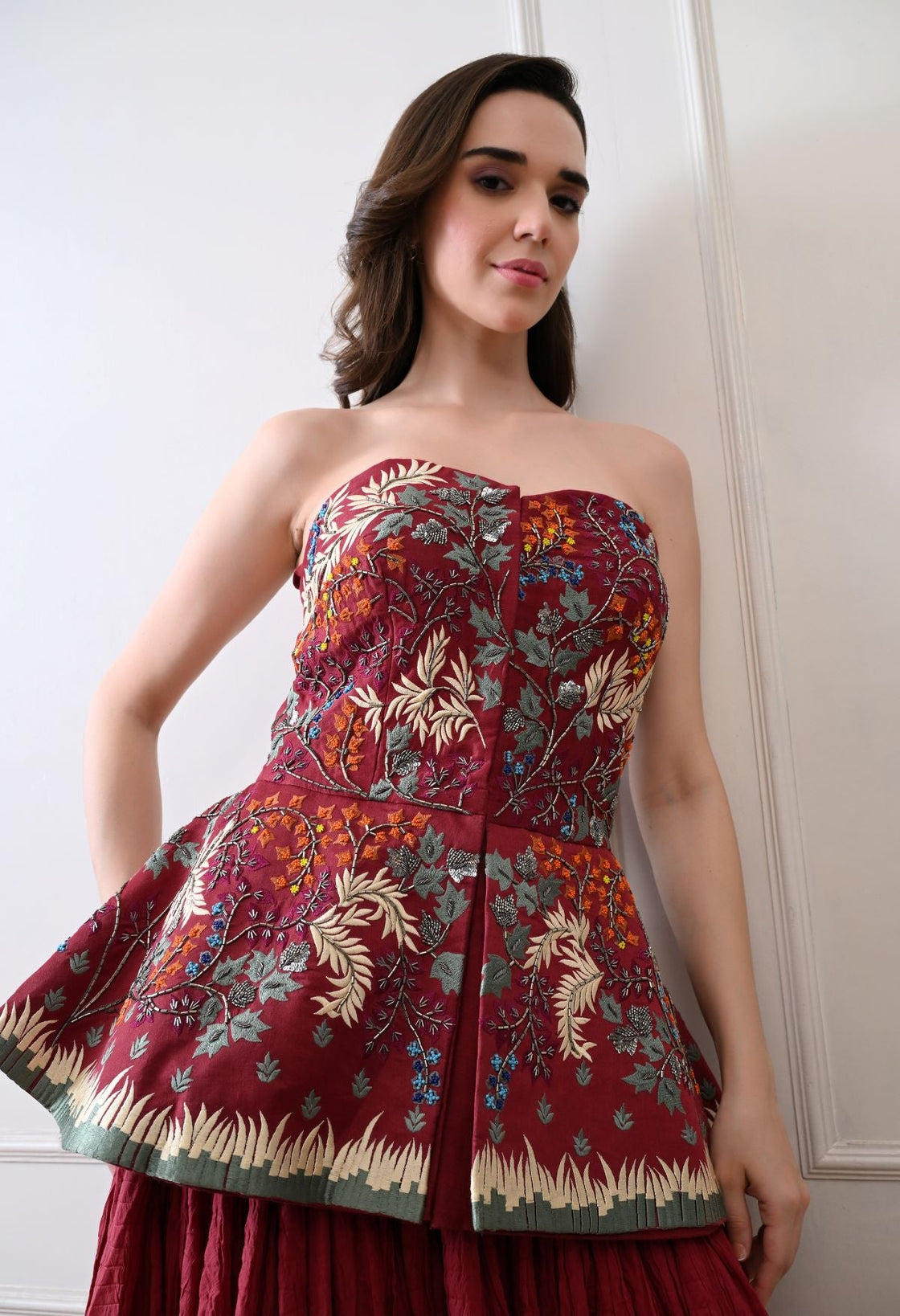 Stunning maroon strapless top with all - over floral embroidery - samantchauhan Apparel & Accessories