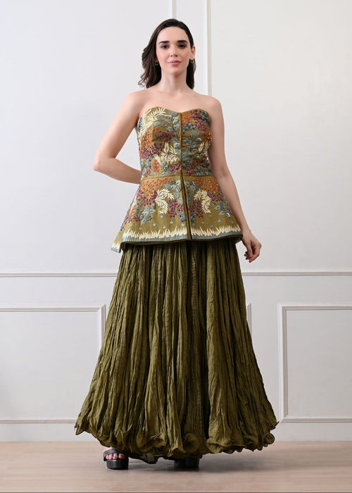 Stunning olive strapless top with all - over floral embroidery - samantchauhan Apparel & Accessories