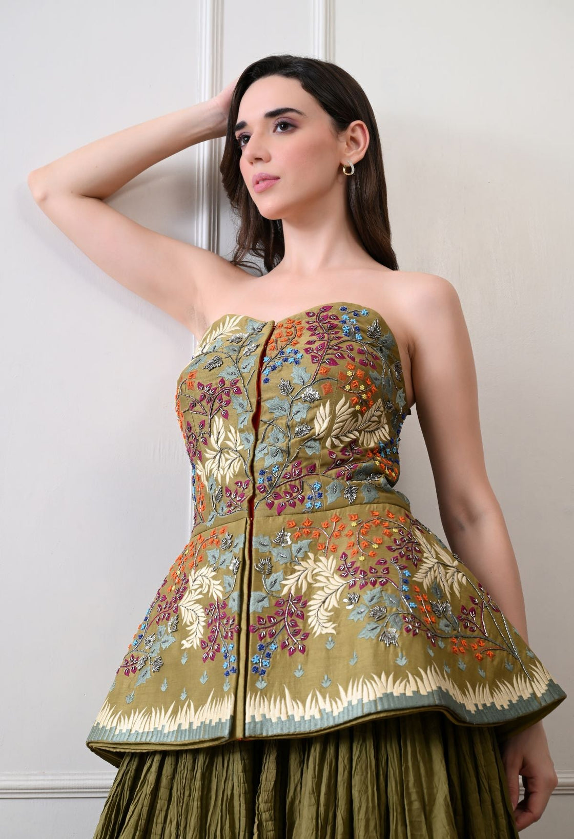 Stunning olive strapless top with all - over floral embroidery - samantchauhan Apparel & Accessories